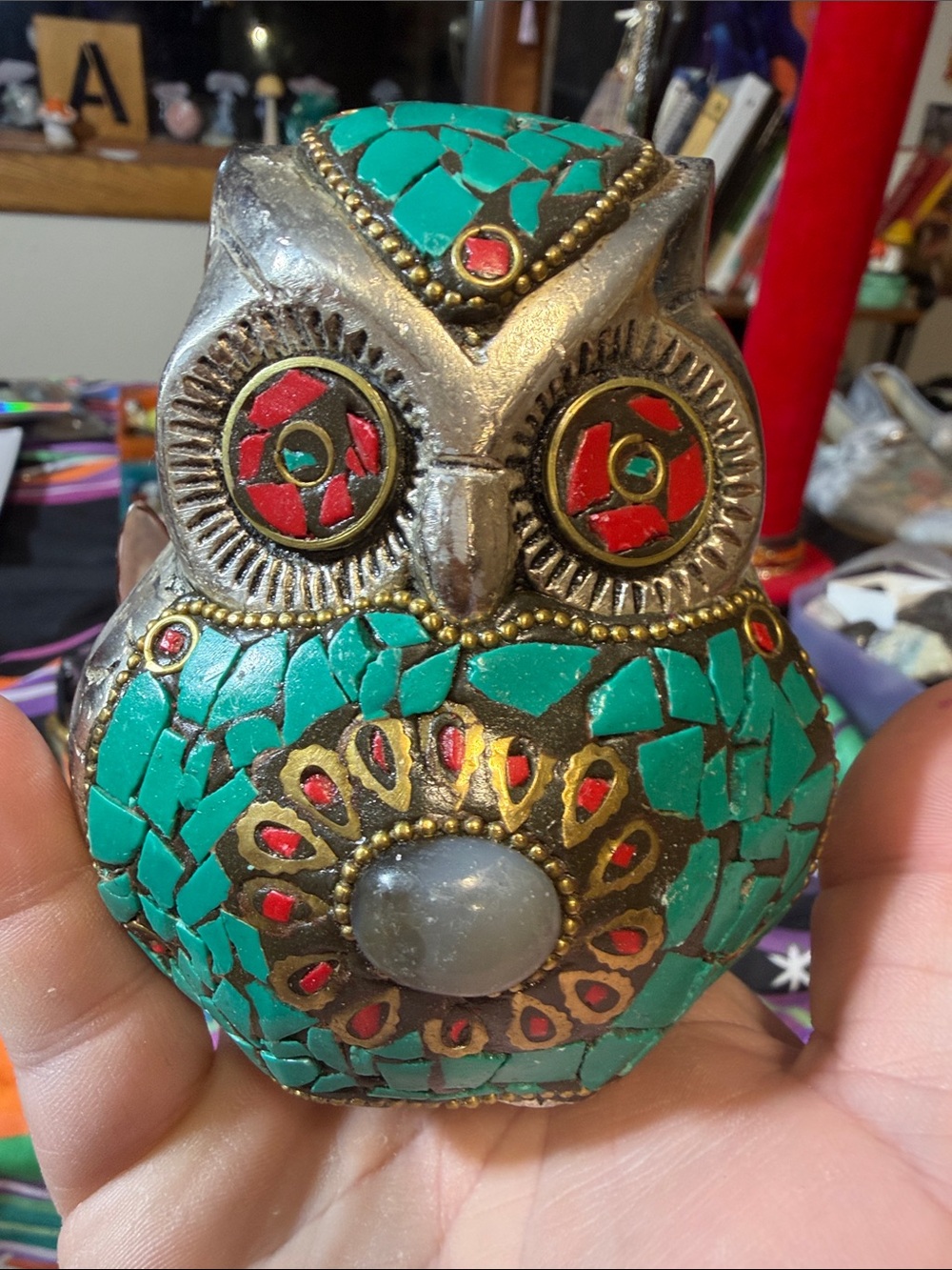 Hand Crafted Turquoise and Red Mosaic Owl Accent real silver